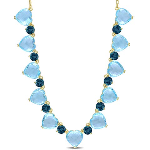 Blue Topaz Heart & Round Necklace Yellow Silver