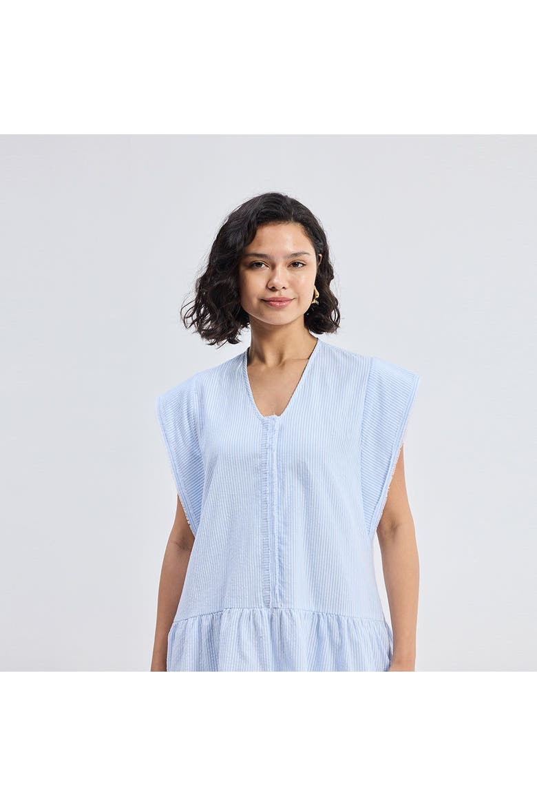 Oversized V neck Short Dress with Frayed Sleeves, Alternate, color, Blue
