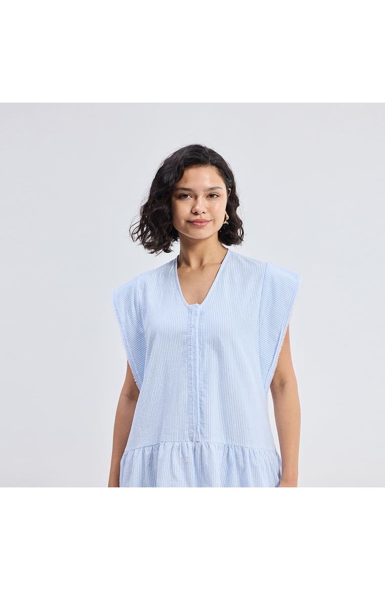 Reistor Oversized V neck Short Dress with Frayed Sleeves, Alternate, color, Blue
