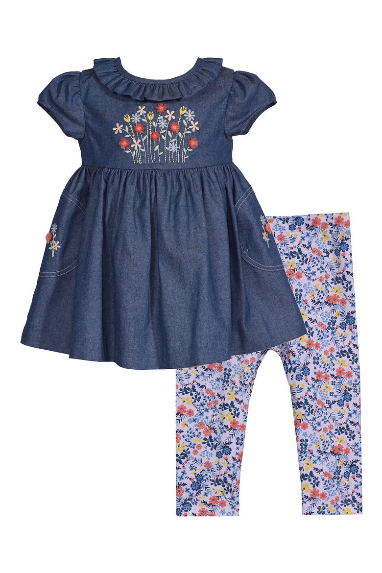 Embroidered Denim Tunic & Leggings Set, Main, color, DEN