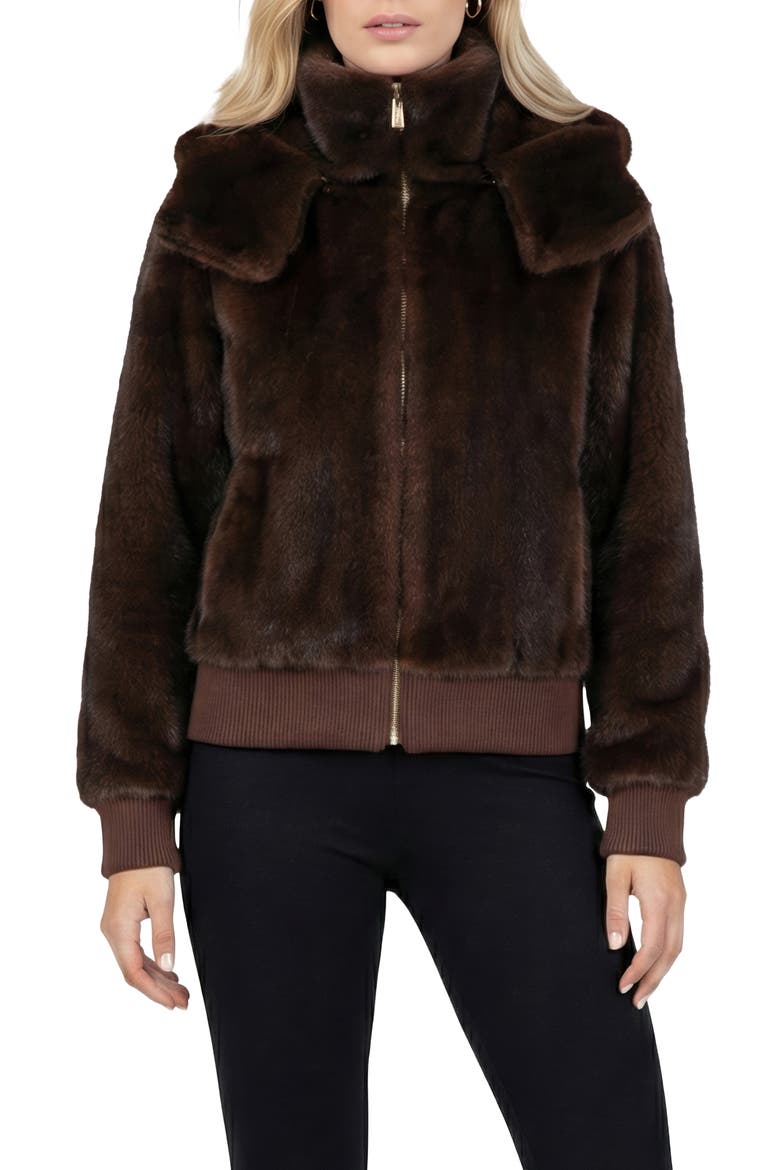 Fur-Free Mink (Faux Fur) Hooded Jacket With Knitted Cuffs & Bottom, Main, color, DARK BROWN