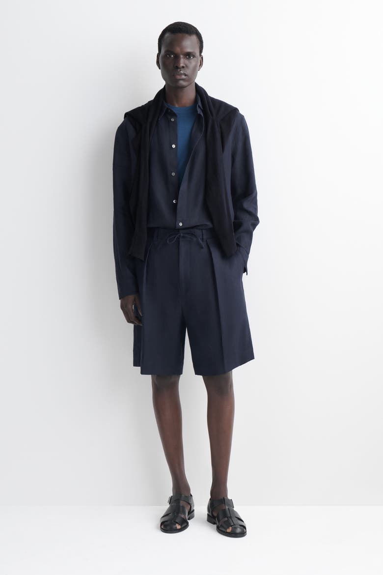 Pleated Linen Drawstring Shorts, Main, color, NAVY