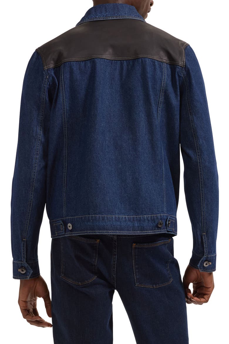 Leather Trim Denim Trucker Jacket, Alternate, color, NAVY