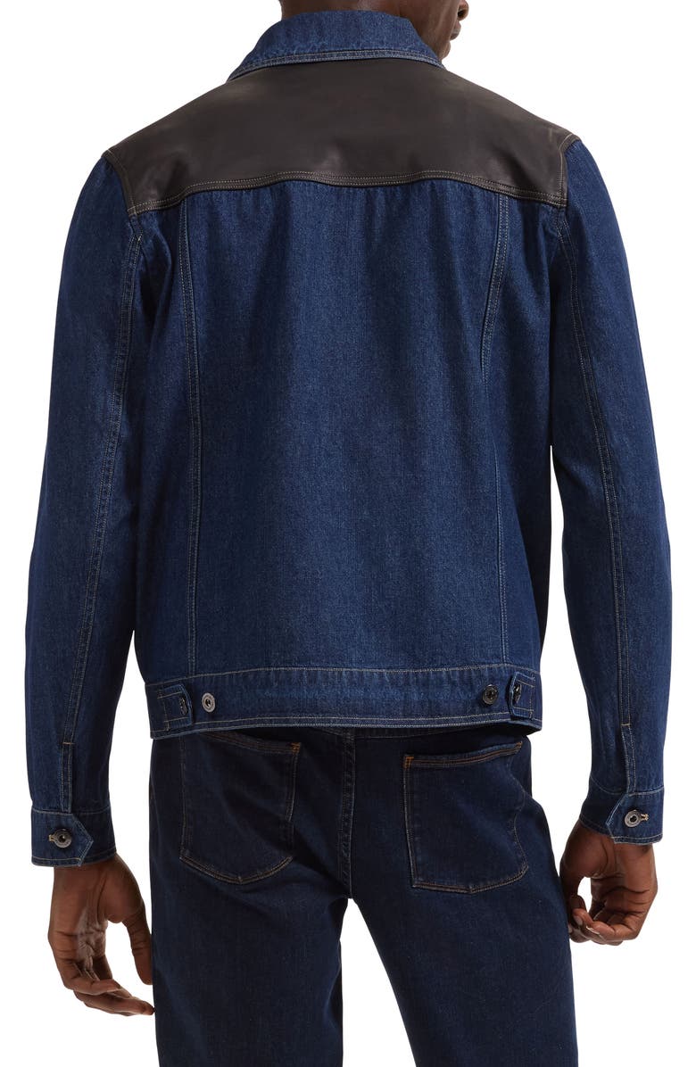 Bugatchi Leather Trim Denim Trucker Jacket, Alternate, color, Navy