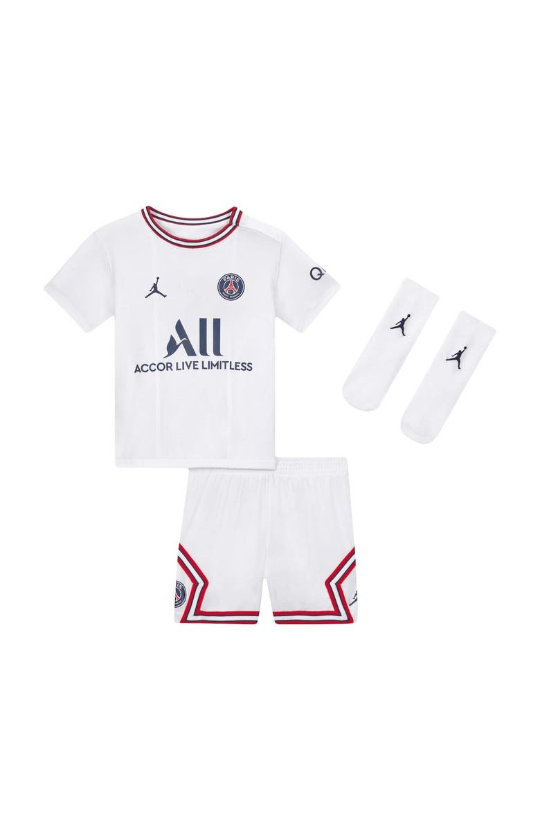 Nike Infant Jordan Brand White Paris Saint-Germain 2022/23 Fourth Stadium Kit Set, Main, color, White