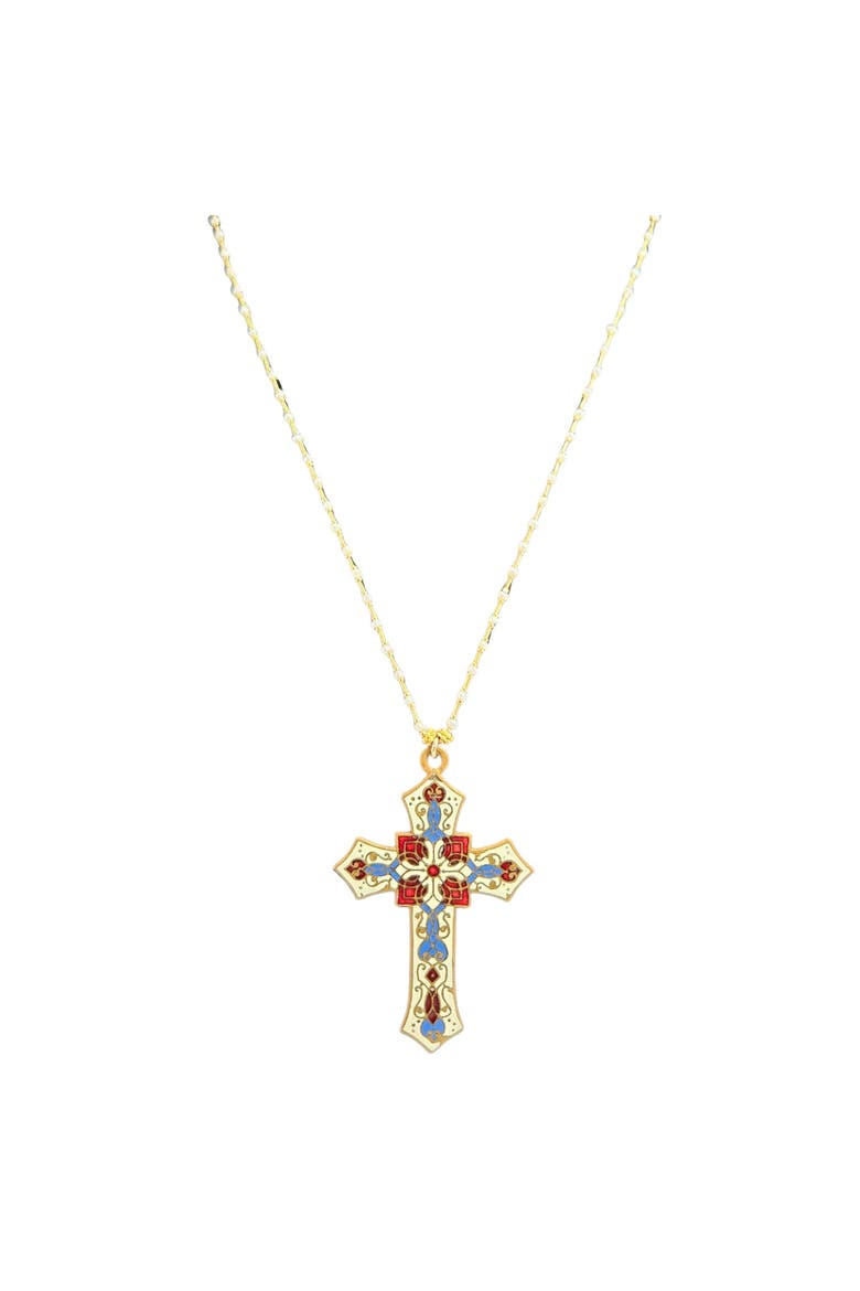 Vintage 1890s Ivory Enamel Cross Pendant Necklace, Main, color, White