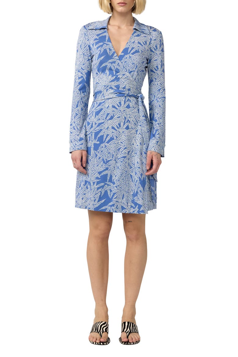 New Jeanne Leaf Print Long Sleeve Silk Wrap Dress, Main, color, FUJI DUSK BLUE