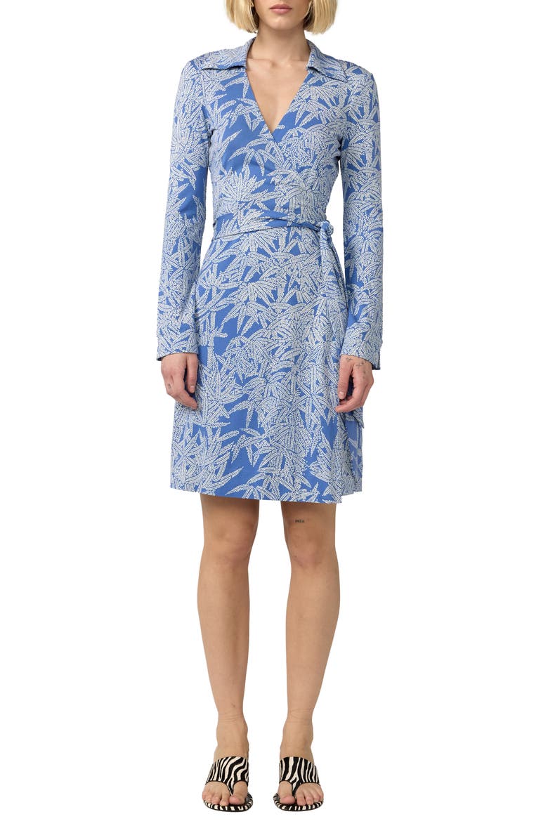 DVF New Jeanne Leaf Print Long Sleeve Silk Wrap Dress, Main, color, Fuji Dusk Blue
