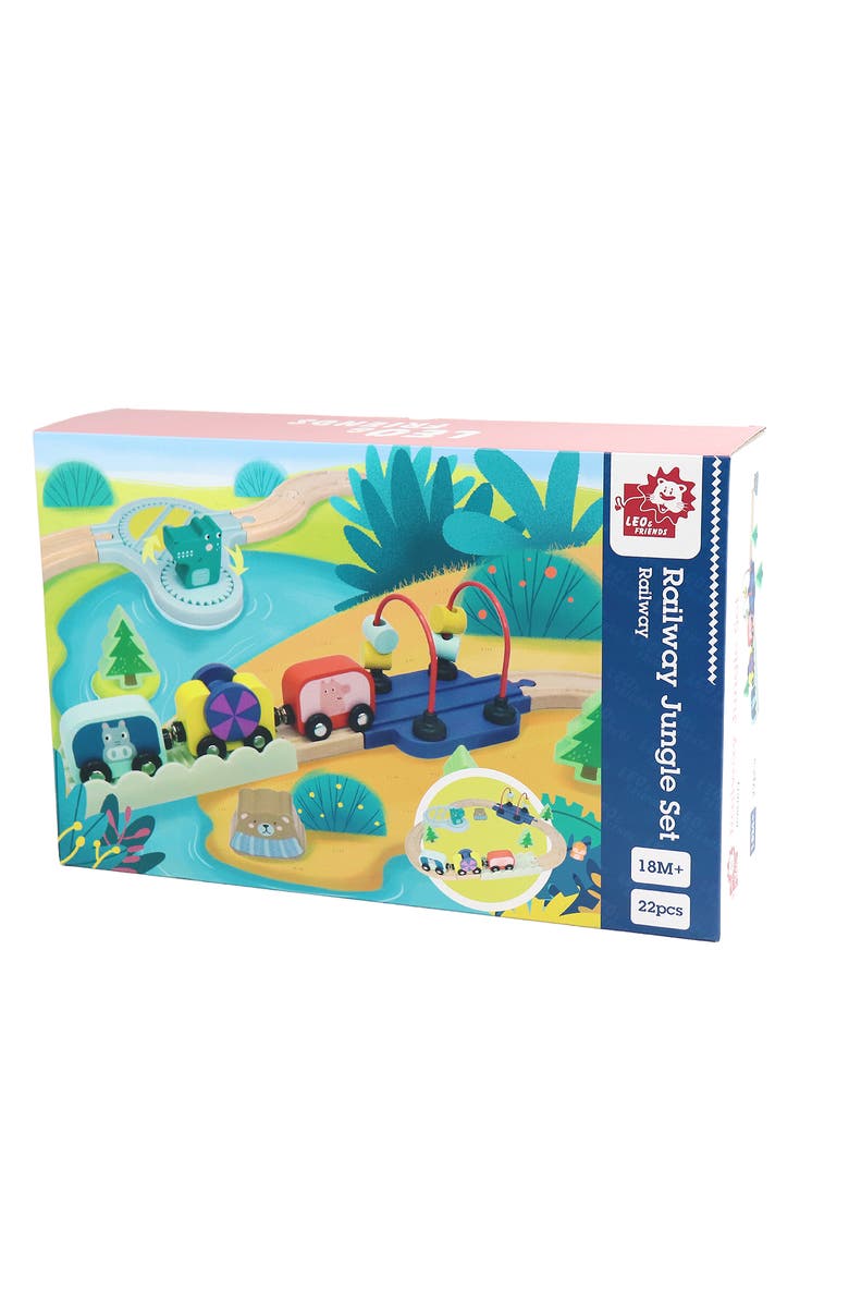 Leo & Friends Wooden Railway Jungle 22-Piece Animal Set, Magnetic Train Cars and Puzzle Railway Pieces Included, Main, color, Blue