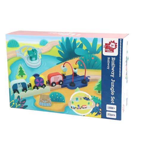 Wooden Railway Jungle 22-Piece Animal Set, Magnetic Train Cars and Puzzle Railway Pieces Included
