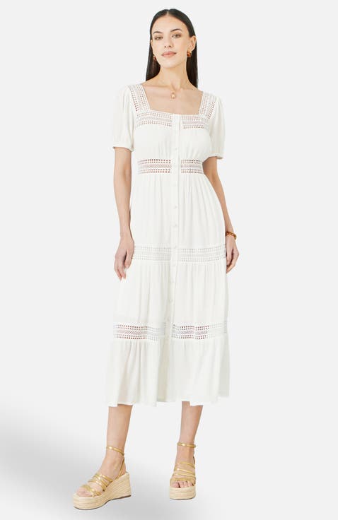 Cotton Square Neckline Lace Midi Dress