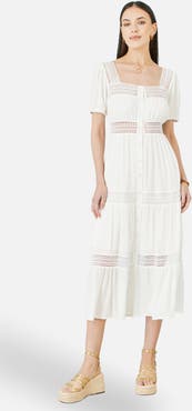 Yumi Cotton Square Neckline Lace Midi Dress