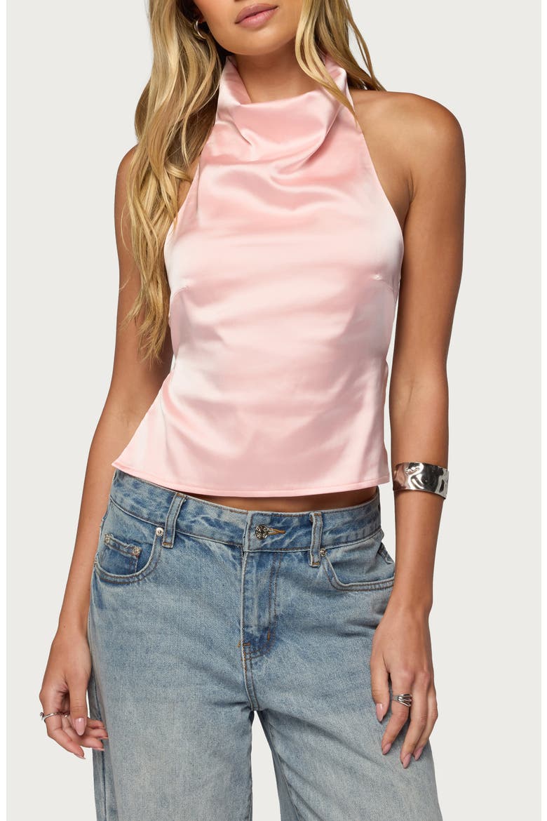 Cowl Neck Backless Satin Crop Top, Main, color, LIGHT-PINK