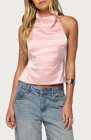 EDIKTED Cowl Neck Backless Satin Crop Top