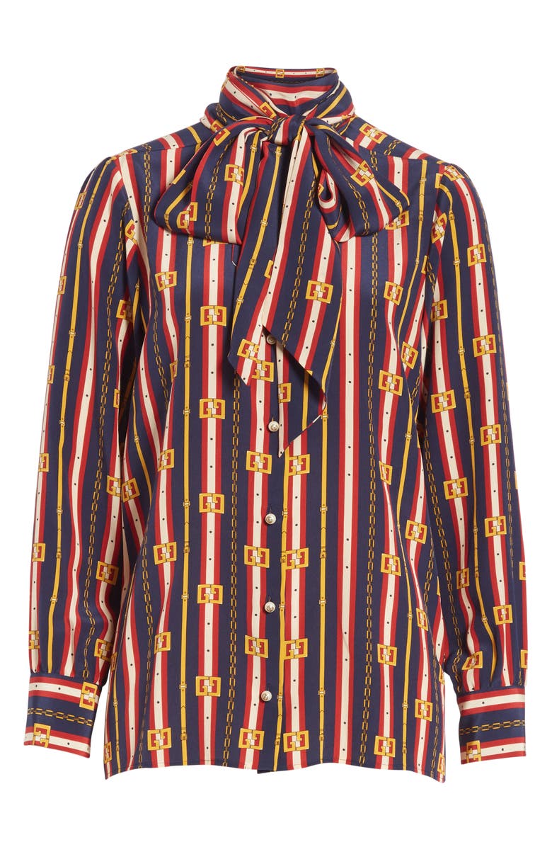 Gucci Chain Belt Print Silk Bow Neck Blouse, Alternate, color,
