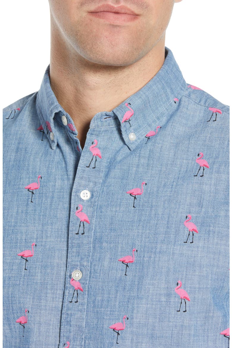 Riviera Slim Fit Flamingo Print Sport Shirt, Alternate, color, CHAMBRAY FLAMINGO - PINK