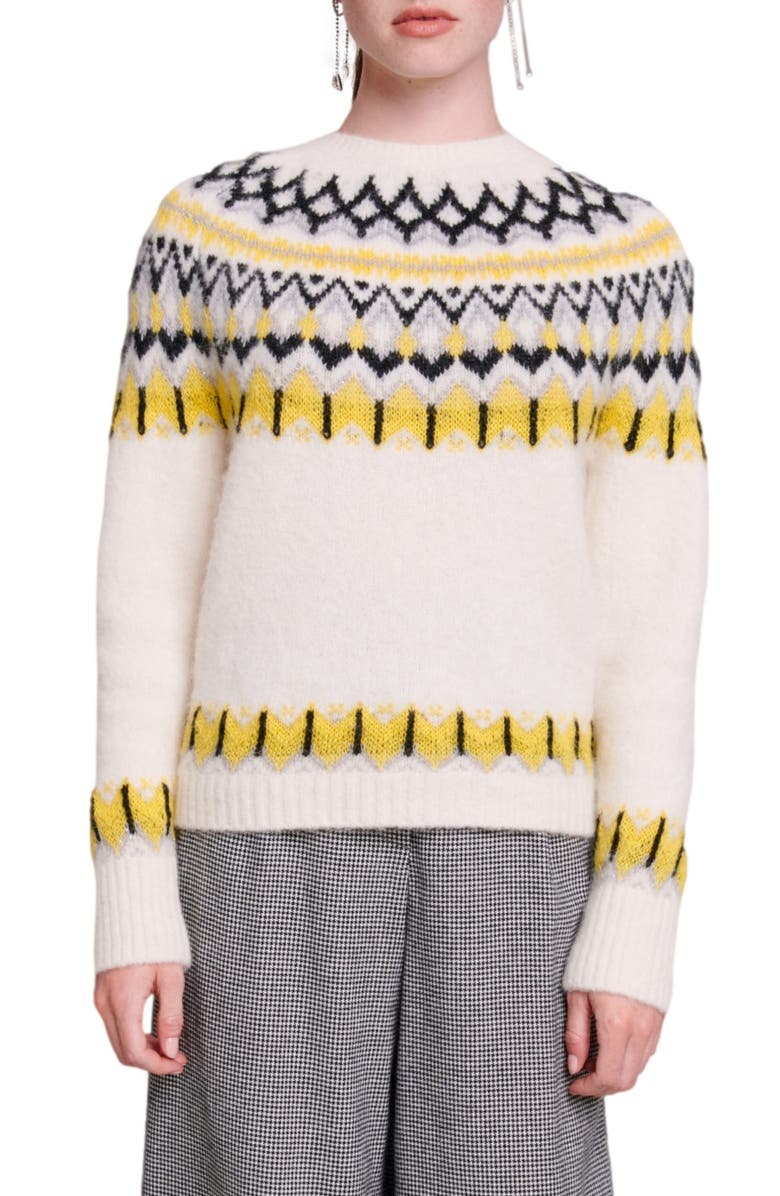 maje Mamonix Fair Isle Metallic Sweater, Main, color, Ecru / Yellow