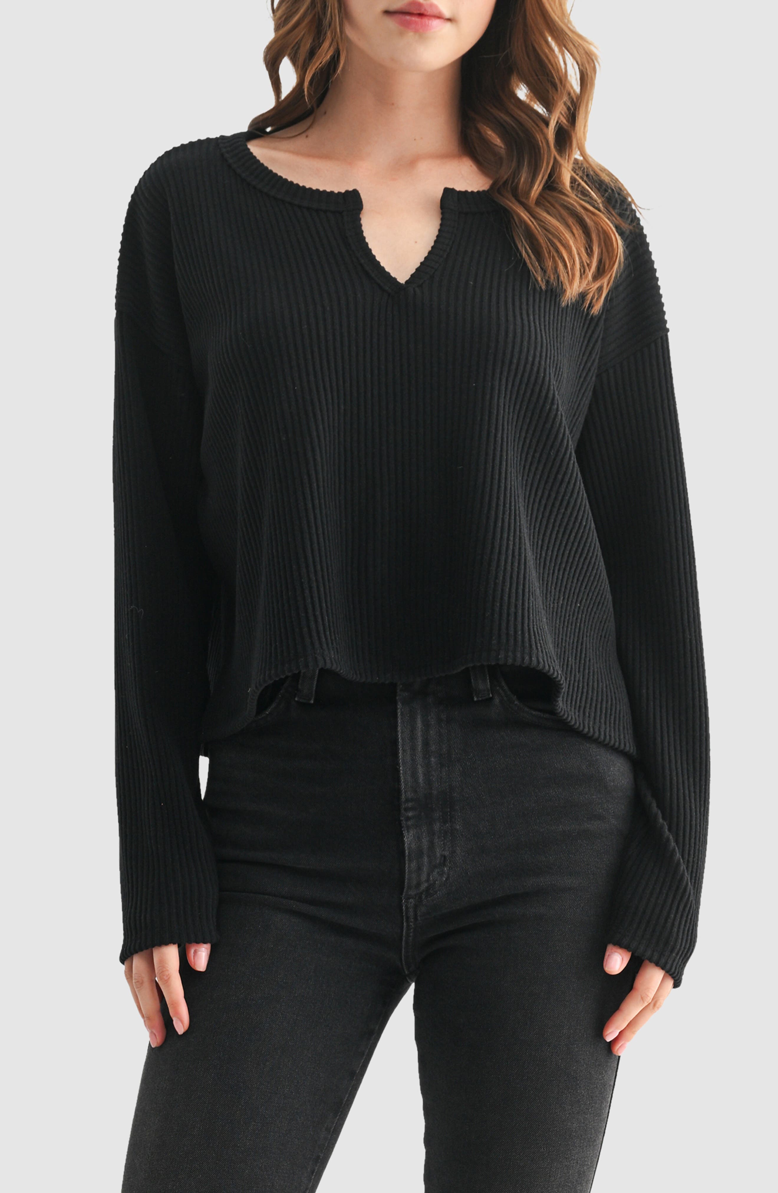 Lush Split Neck Long Sleeve Ribbed Top