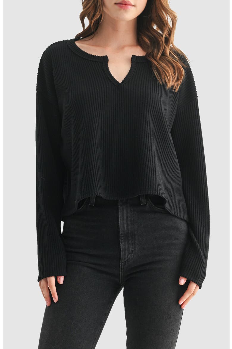 Split Neck Long Sleeve Ribbed Top, Main, color, BLACK