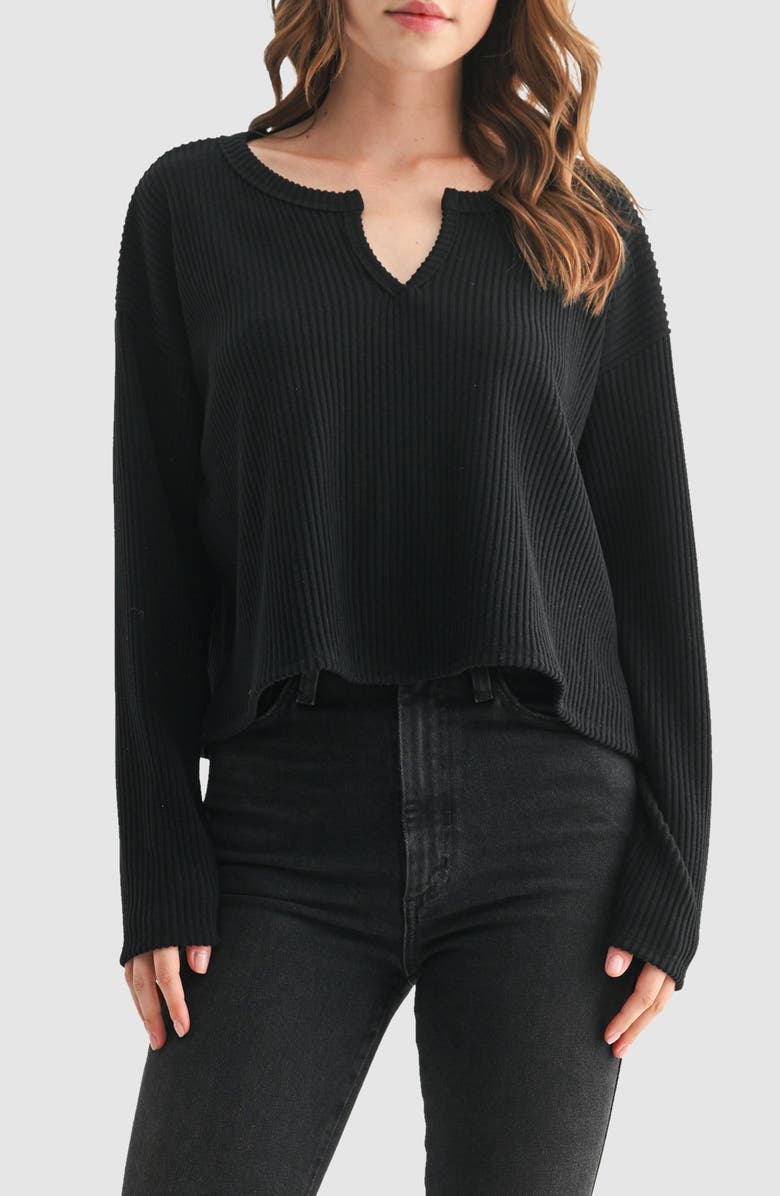 Lush Split Neck Long Sleeve Ribbed Top, Main, color, Black