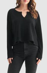Lush Split Neck Long Sleeve Ribbed Top