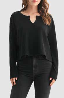 Lush Split Neck Long Sleeve Ribbed Top