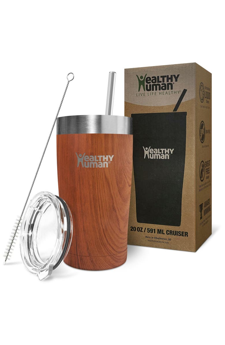 Healthy Human Stainless Steel Tumbler with Straw & Lid, 20 oz Natural Wood, Alternate, color, Brown