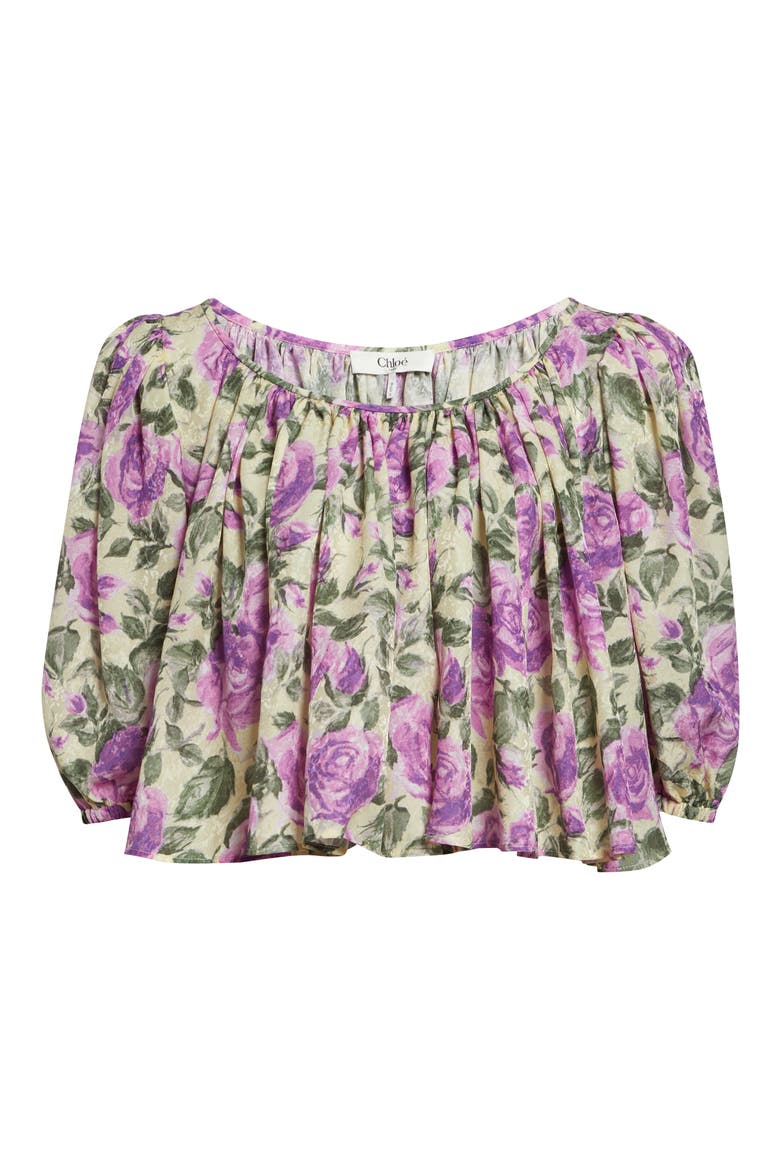 Rose Print Silk Crop Top, Alternate, color, YELLOW - PURPLE