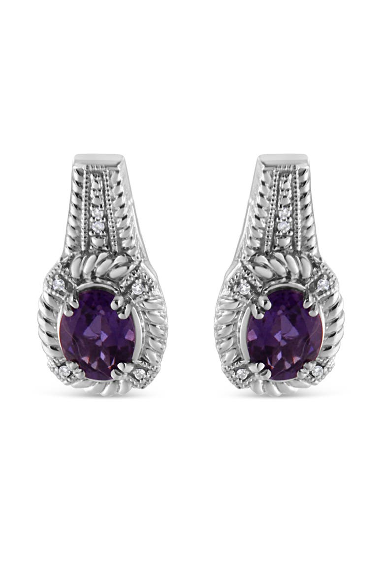 Silver Purple Amethyst and Diamond Accent Art Deco Style Dangle Earrings, Main, color, White