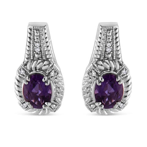 Silver Purple Amethyst and Diamond Accent Art Deco Style Dangle Earrings