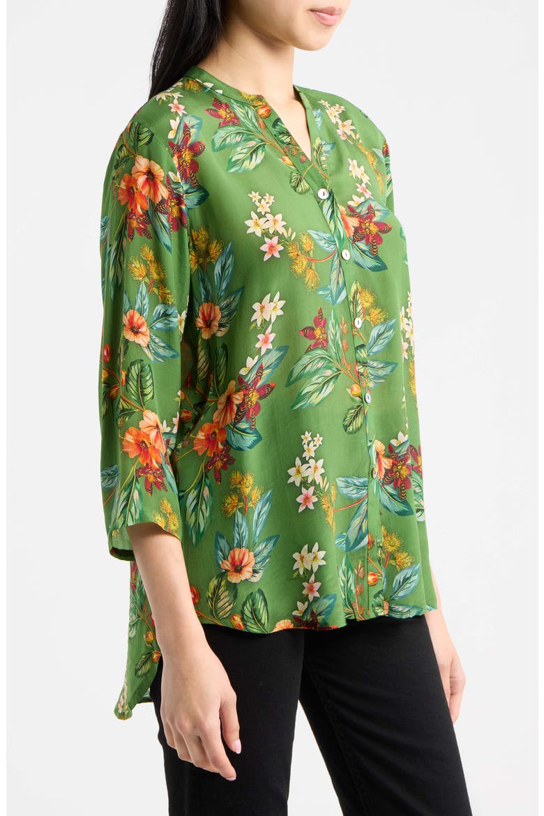 Mandarin Collar Button-Up Shirt, Alternate, color, FOREST/CORAL MULTI