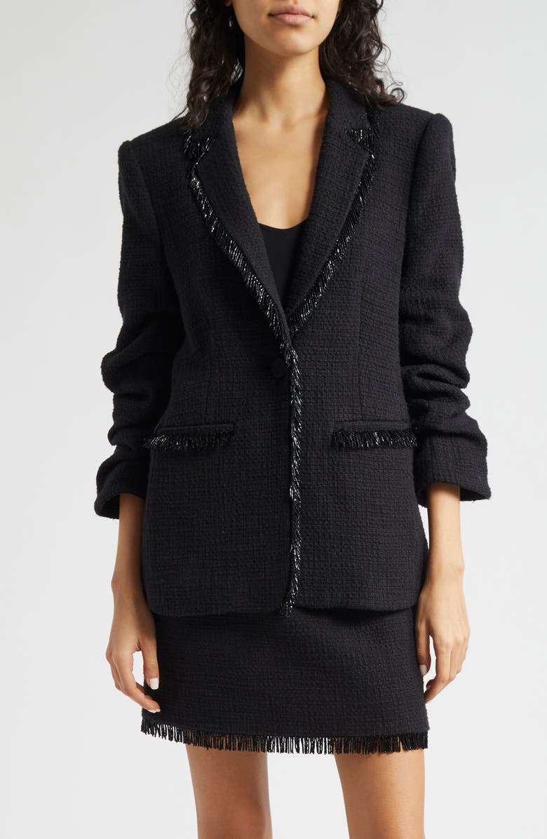Cinq à Sept Kimmie Metallic Fringe Ruched Sleeve Blazer, Main, color, 