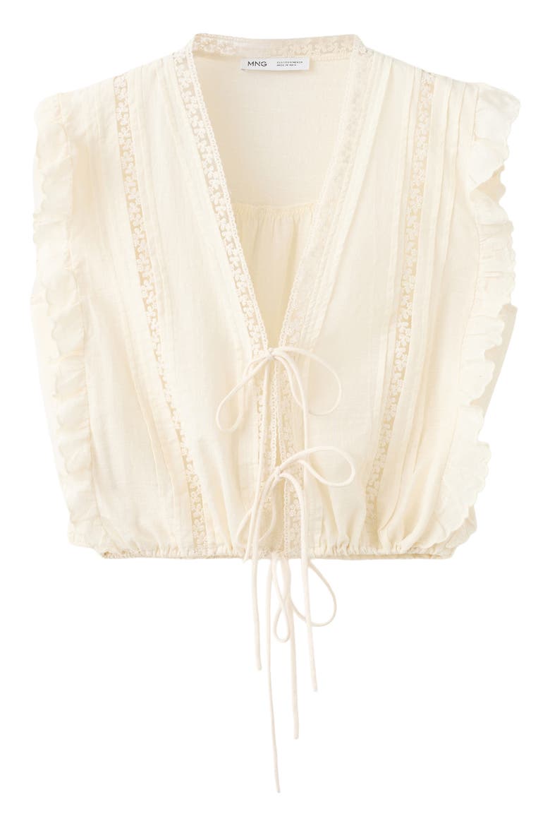 Tie Front Ruffled Lace Trim Top, Alternate, color, ECRU