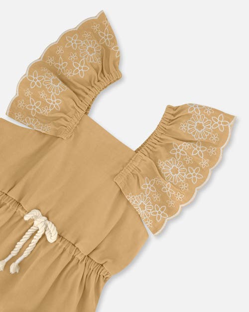 Deux Par Deux Baby Girl's Chambray Dress With Embroidery Golden Beige In Golden Beige