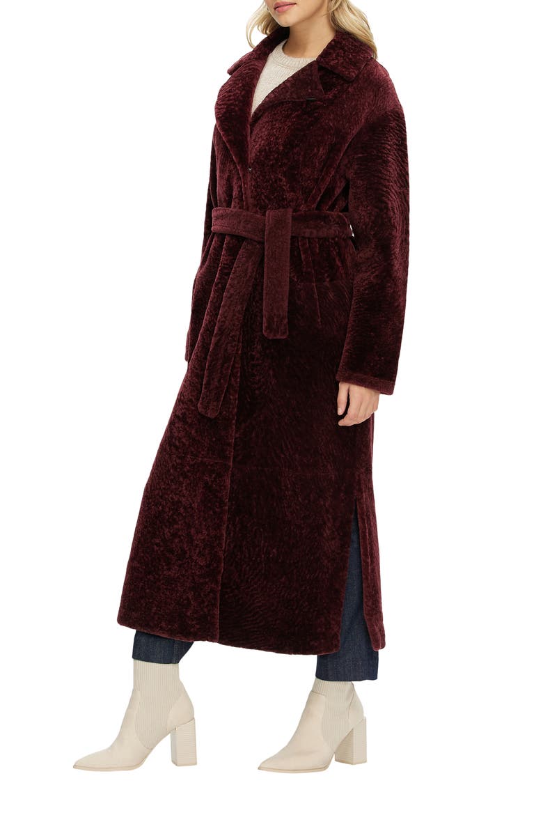 Reversible Textured Genuine Shearling Coat with Side Slits, Belt, Alternate, color, BURGUNDY/BLACK