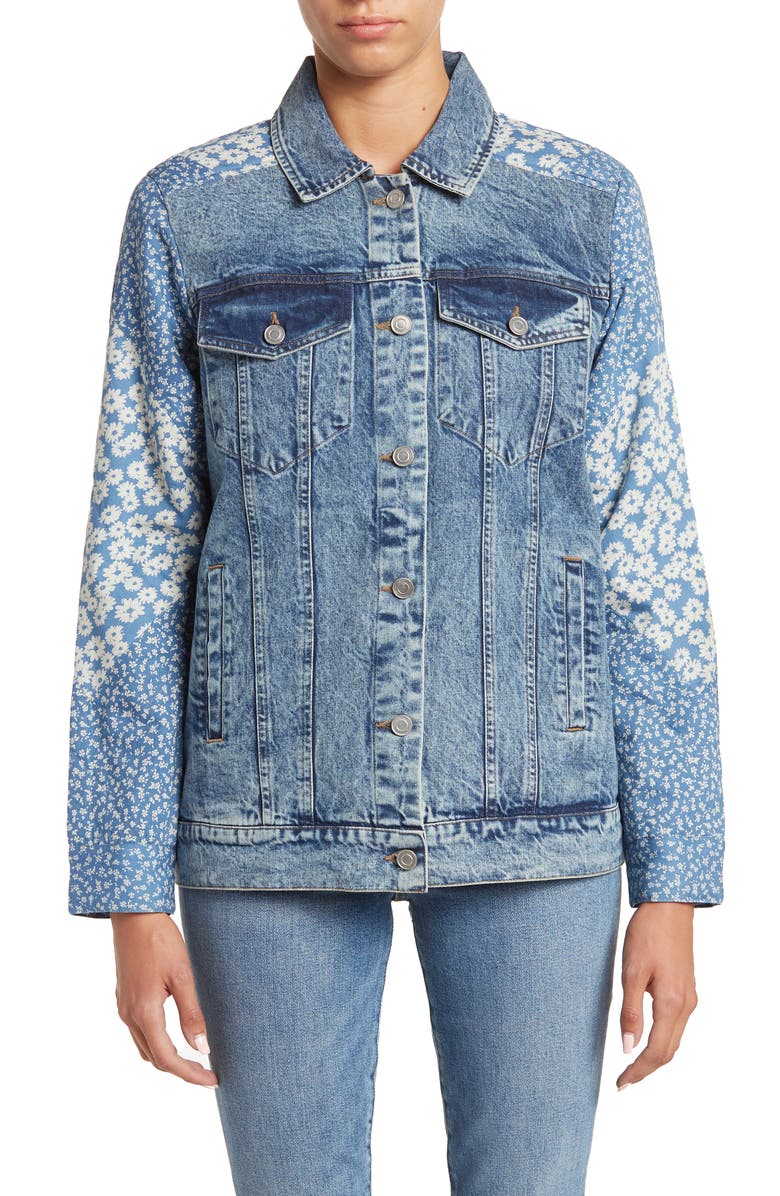 Avec Les Filles Denim Combo Trucker Jacket, Alternate, color, 
