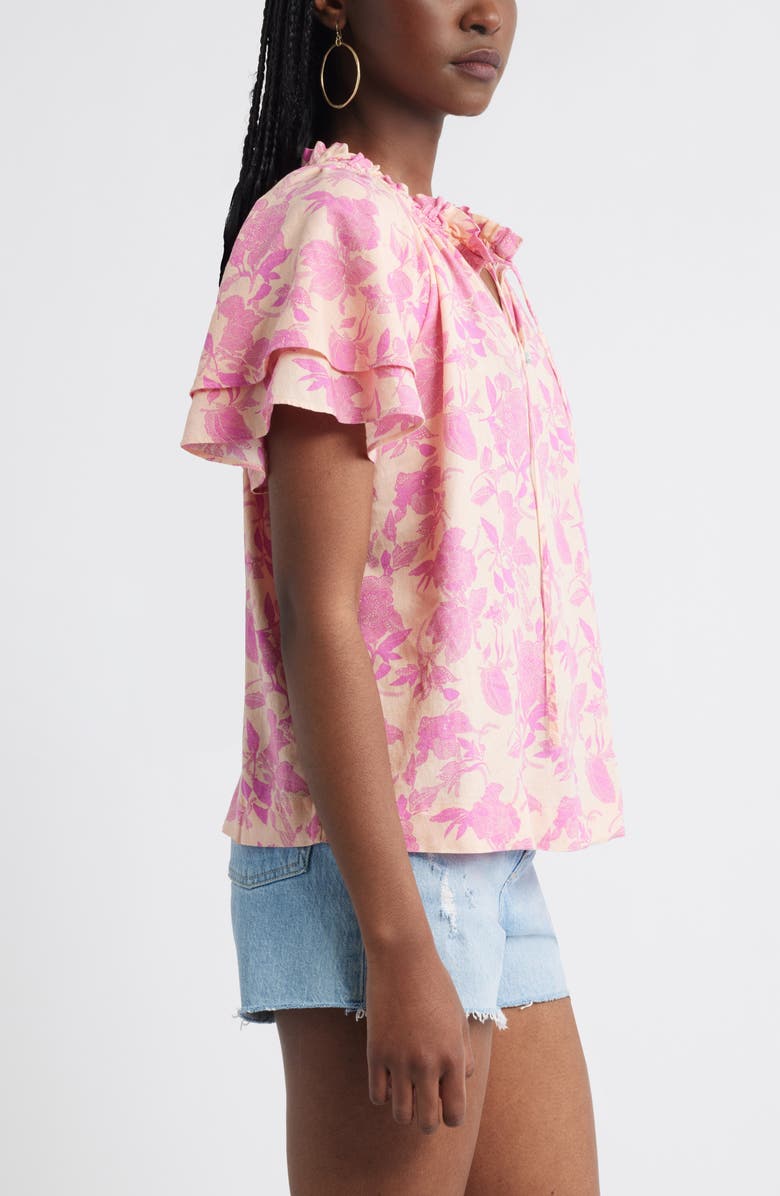 Treasure & Bond Shirred Botanical Print Linen Blend Top, Alternate, color, Coral- Pink Jill Bloom