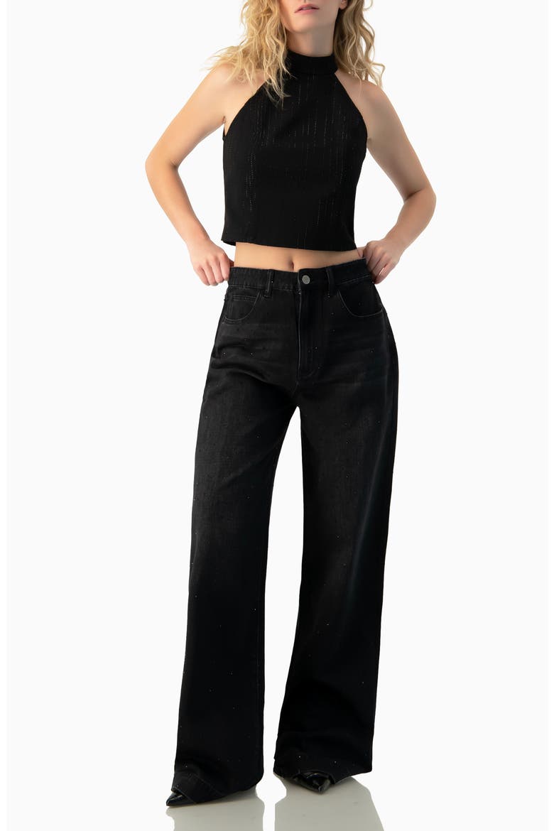 Halter-Neck crystal-adorned Sleeveless Crop Top, Alternate, color, Black