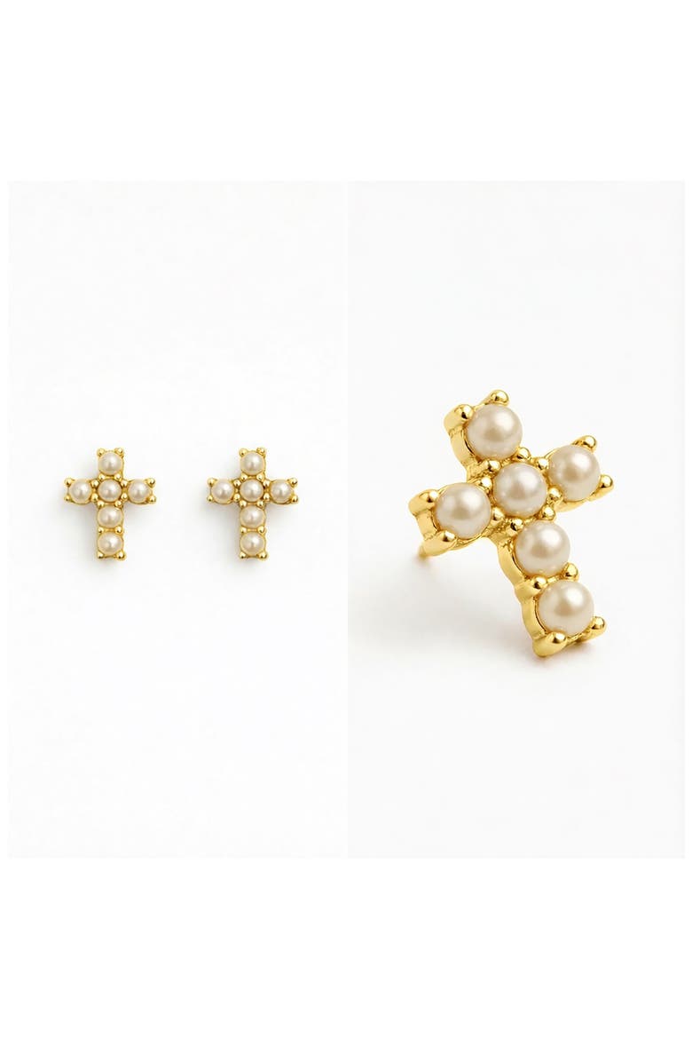Freshwater Pearl Cross Stud Earrings, Alternate, color, WHITE/ GOLD PLATED