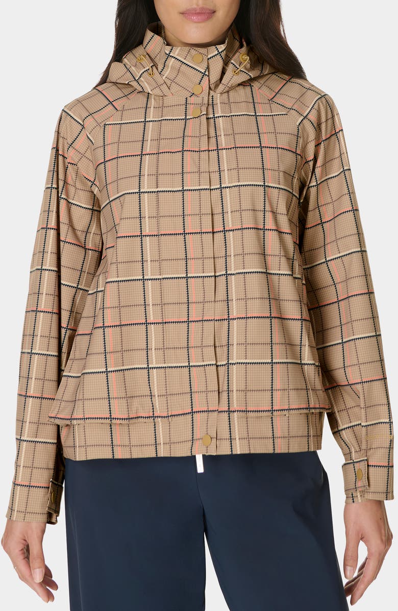 Sweaty Betty Motion Waterproof Parka, Main, color, Beige Hounds Check Print