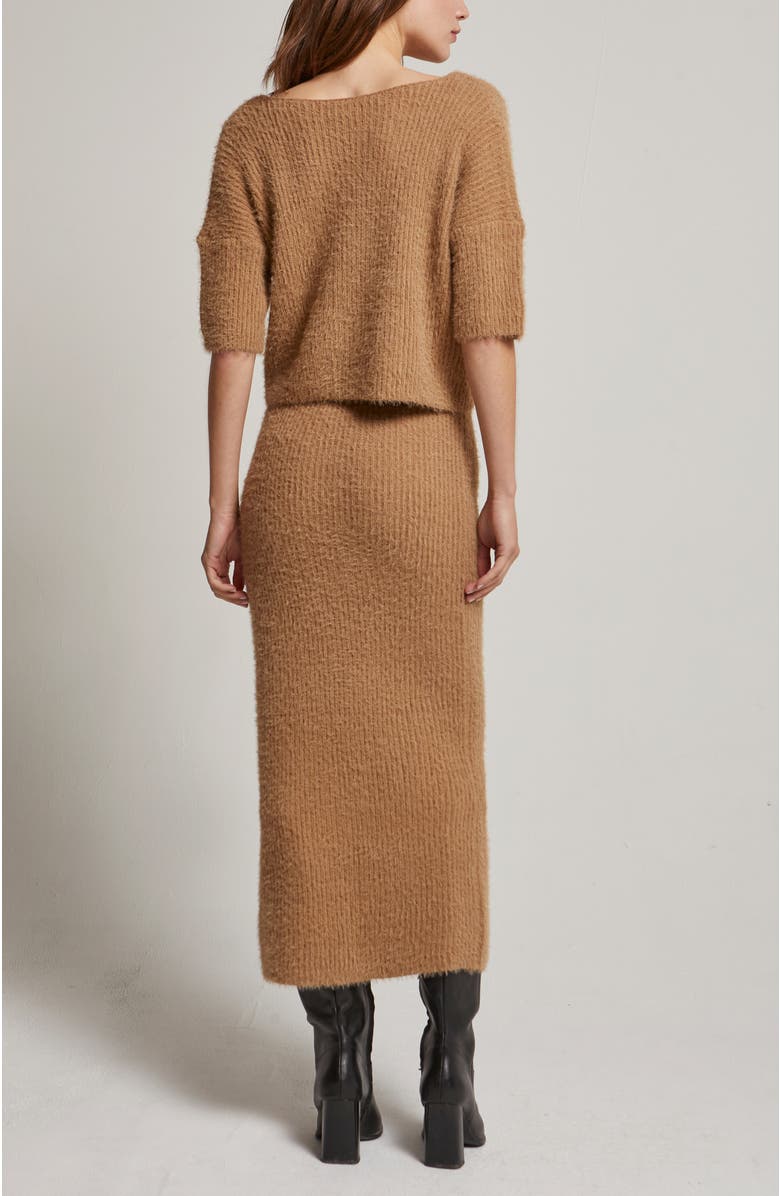 CRESCENT Fuzzy Top and Midi Skirt Set, Alternate, color, Camel
