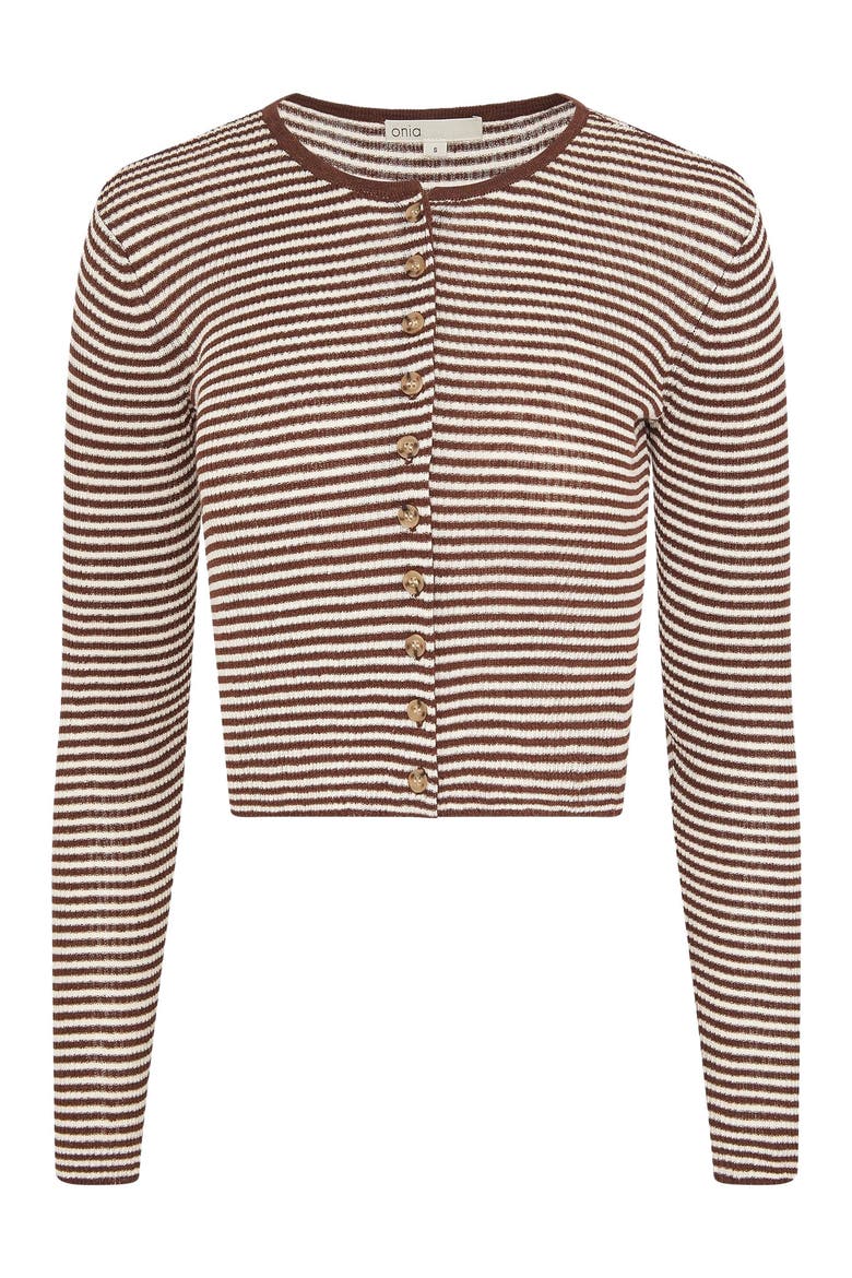 Rib Linen Cardigan, Alternate, color, Brown/Egret