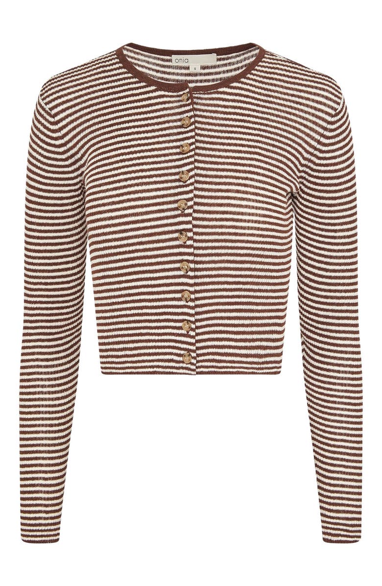 Onia Rib Linen Cardigan, Alternate, color, Brown/Egret