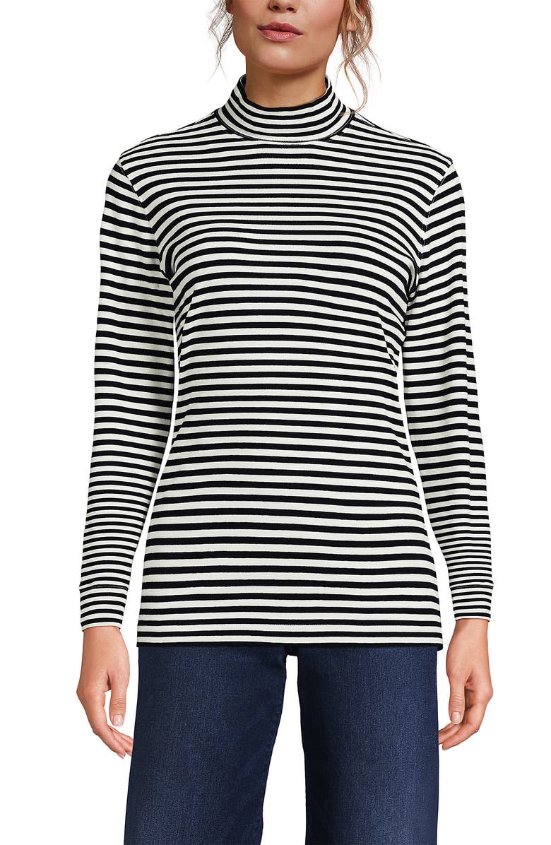 Lands' End Relaxed Cotton Long Sleeve Mock Turtleneck, Main, color, Black Even Stripe
