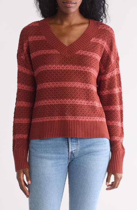 Stripe V-Neck Pointelle Sweater