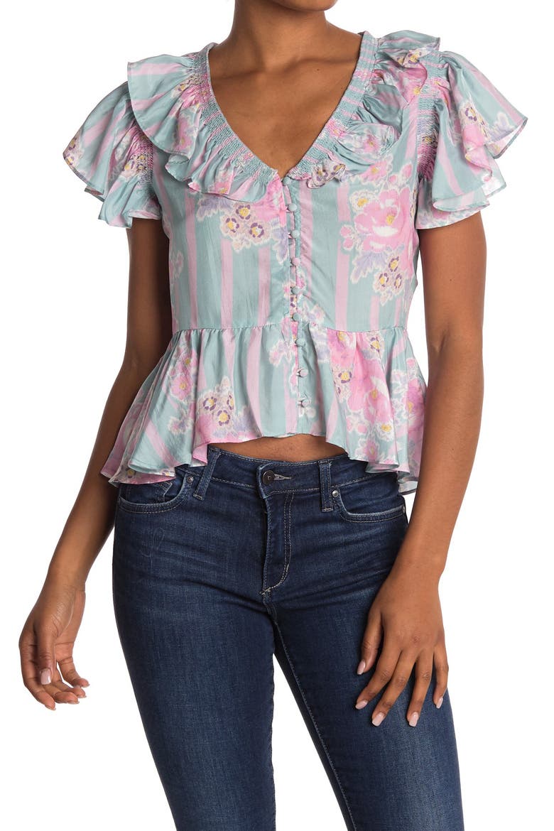 Aida Floral Ruffle Silk Blouse, Main, color, MOSS