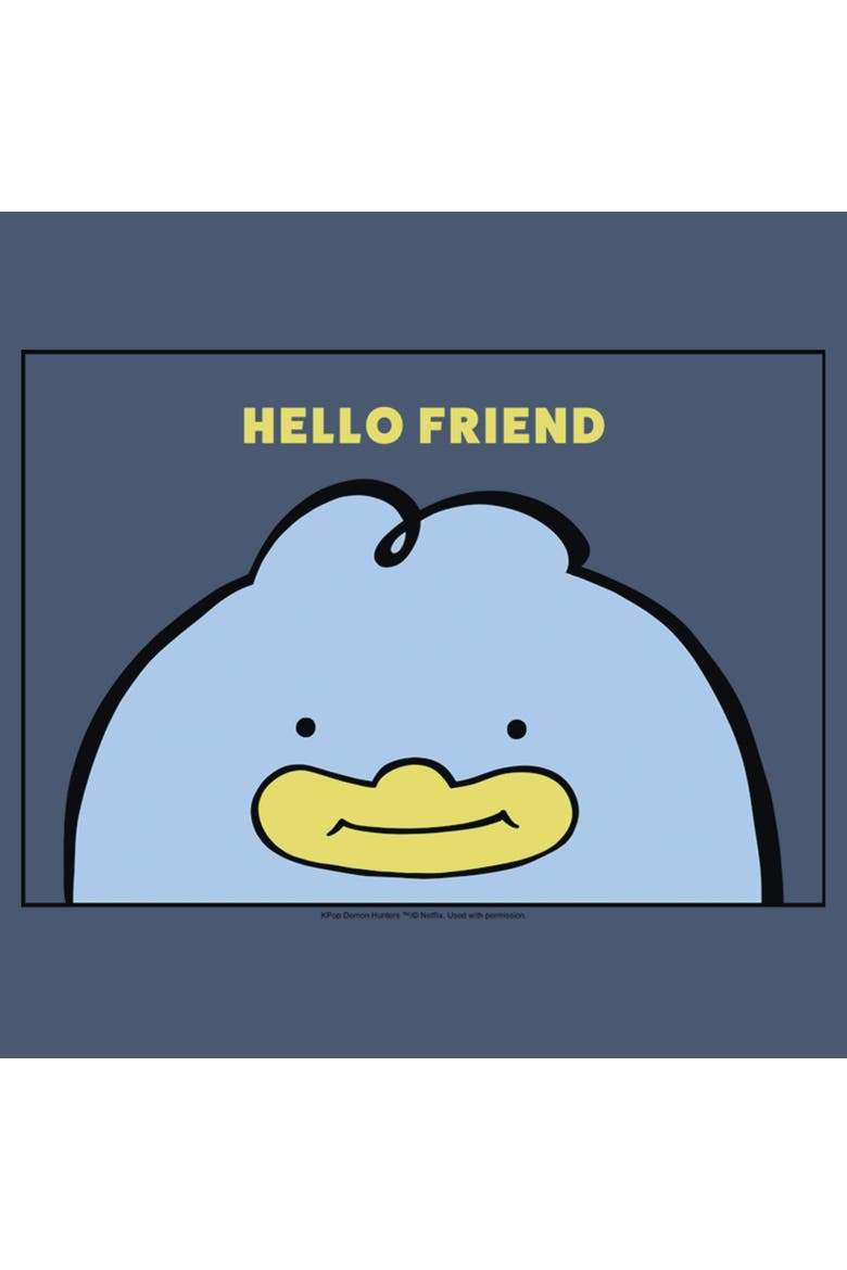 Junior's KPop Demon Hunters Hello Friend Duck Note  Sweatshirt, Alternate, color, Blue Heather
