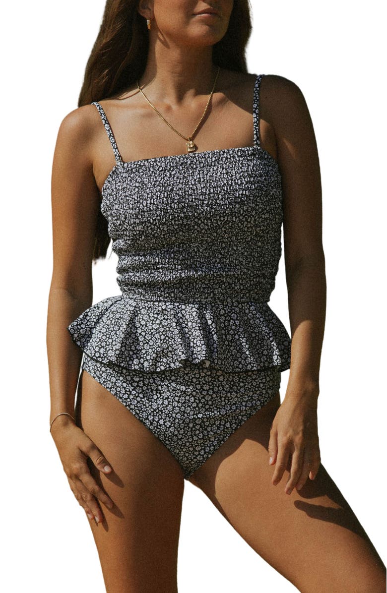 Geode Swimwear Stella Peplum Tankini Top, Main, color, Black