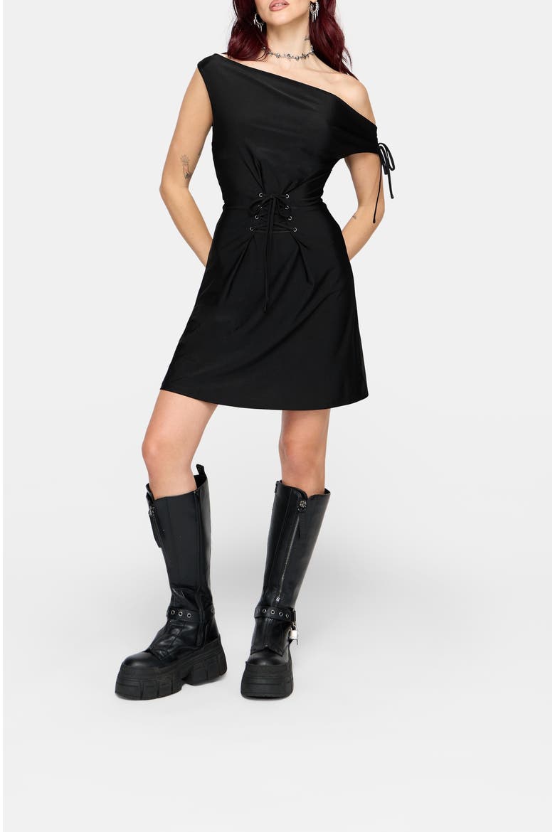 Noctavia Cowl Neck Lace Up Mini Dress, Alternate, color, Black