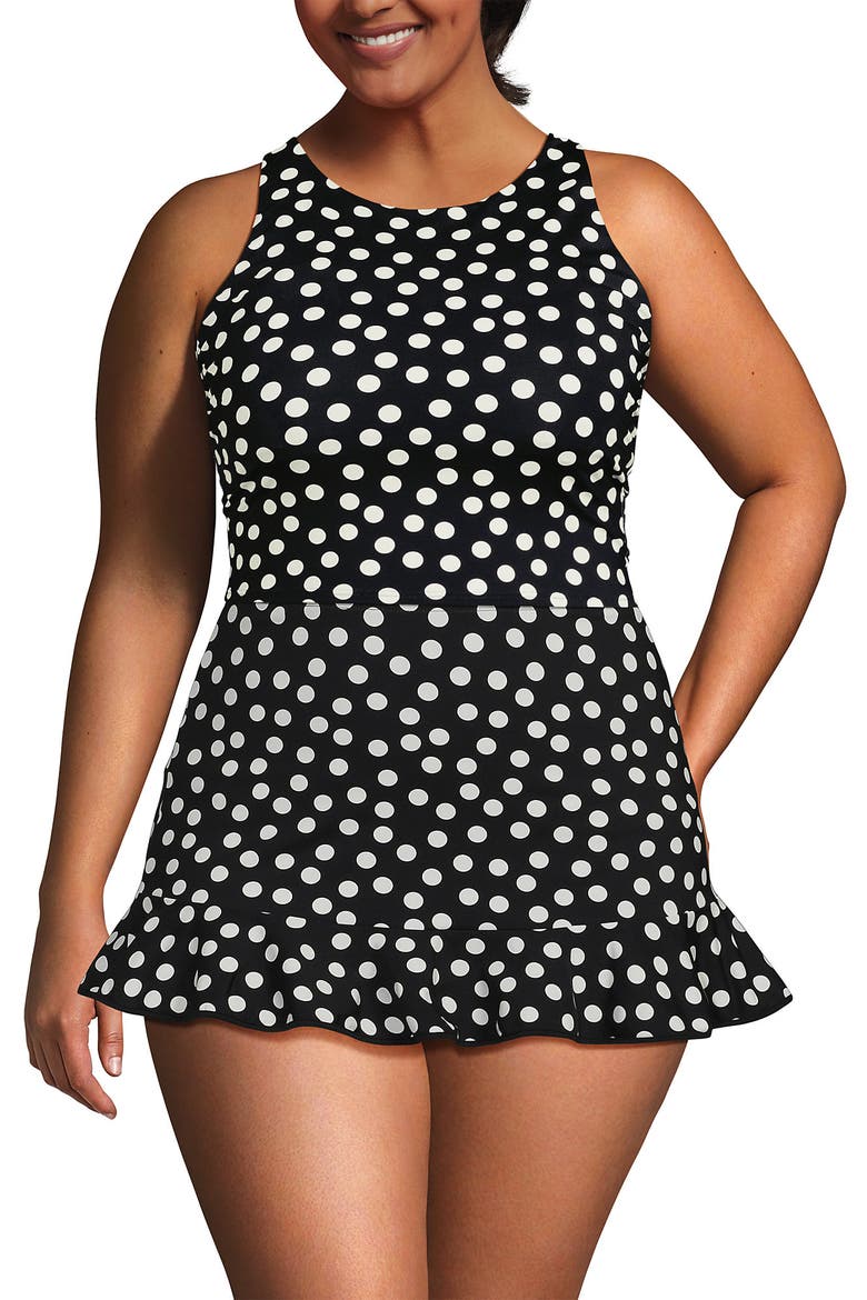 Plus Size High Neck Racerback Midkini Top, Main, color, Black/Egret White Tossed Dots